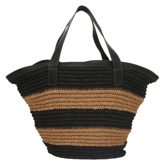 BURBERRY Blue Label Tote Bag Straw Gold Black Auth 132307 - Picture 3 of 16